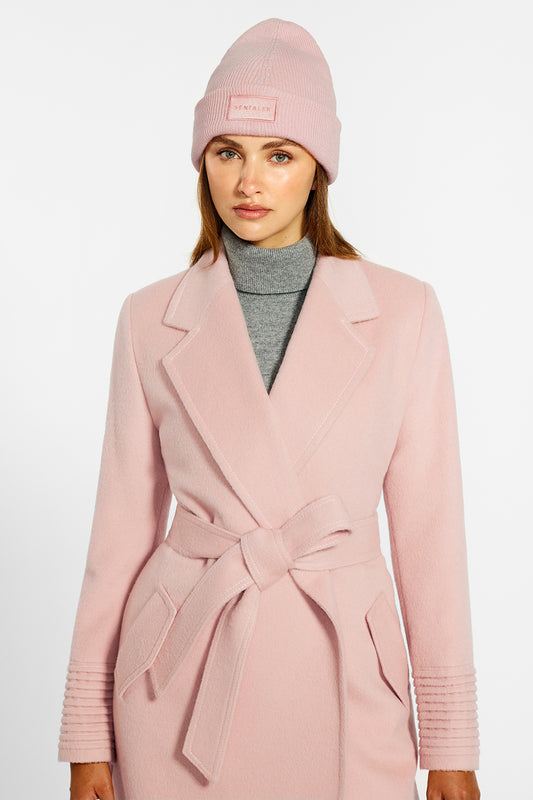 Sentaler Alpaca Beanie and Long Notched Collar Wrap Coat crafted in Baby Alpaca and in Pink. Seen from front close up on female model.