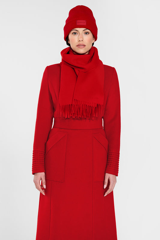 Sentaler Alpaca Beanie and Long Wide Collar Wrap Coat crafted in Baby Alpaca and in Red. Seen from front above the knees on female model.
