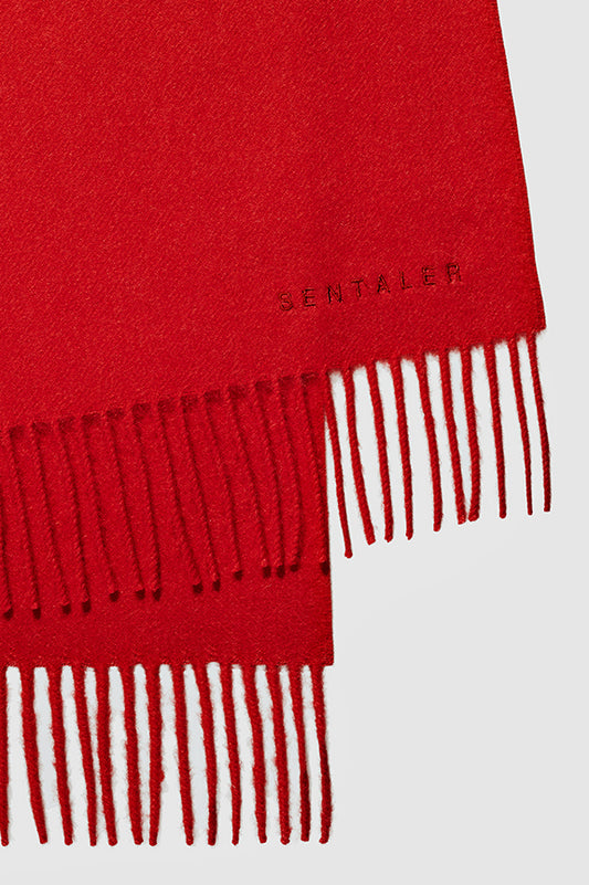 Sentaler Baby Alpaca Classic Scarf featured in Baby Alpaca and available in Red. Seen as off figure close up.