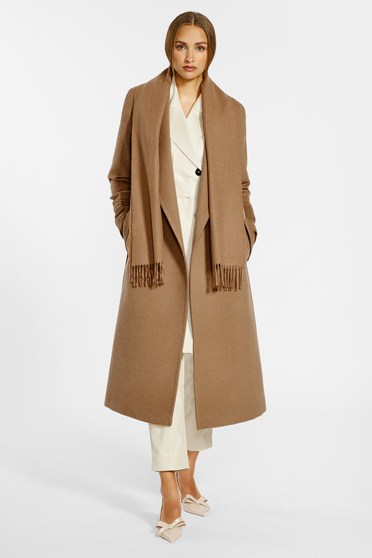 Sentaler Baby Alpaca Classic Scarf and the Long Notched Collar Wrap Coatcrafted in Baby Alpaca and in Dark Camel. Seen from front open on female model.