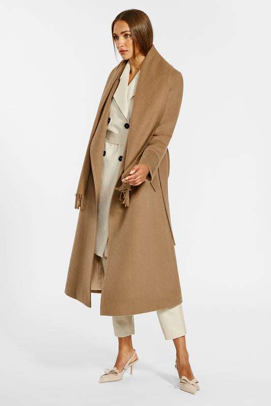 Sentaler Baby Alpaca Classic Scarf and the Long Notched Collar Wrap Coatcrafted in Baby Alpaca and in Dark Camel. Seen from side open on female model.