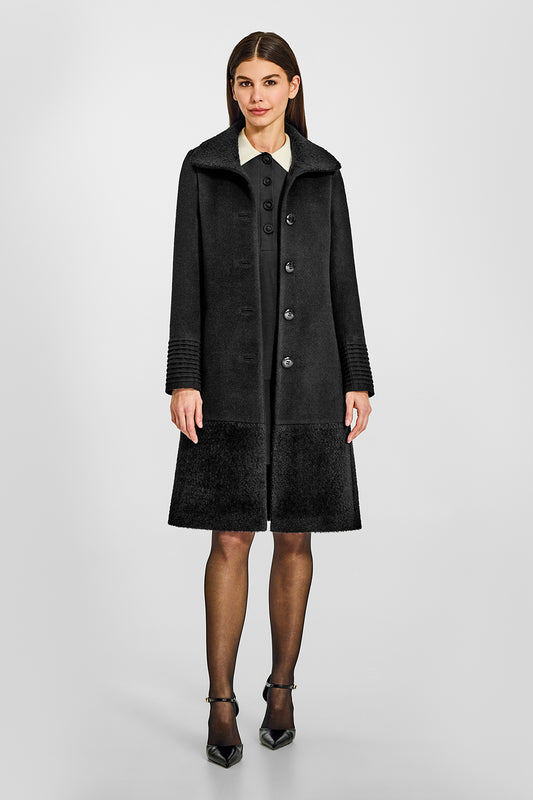 Sentaler A-line Black Coat with Bouclé Alpaca Collar and Trim in Baby Alpaca wool. Seen from front open on female model.