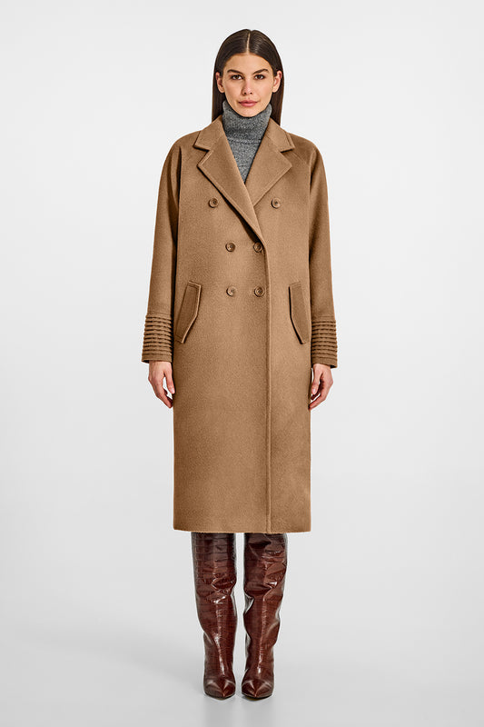 Sentaler Double Breasted Notched Collar Dark Camel Coat in Baby Alpaca wool. Seen from front on female model.