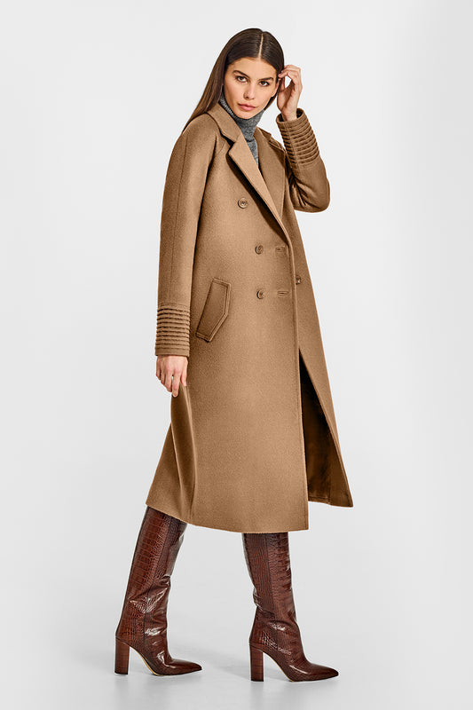 Sentaler Double Breasted Notched Collar Dark Camel Coat in Baby Alpaca wool. Seen from side open on female model.