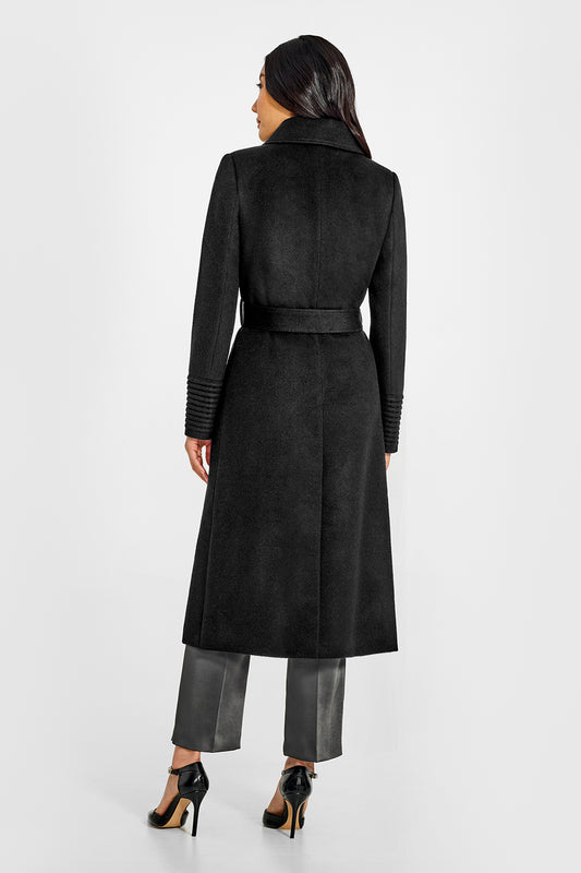 Sentaler Long Lapel Collar Wrap Black Coat in Baby Alpaca wool. Seen from back on female model.