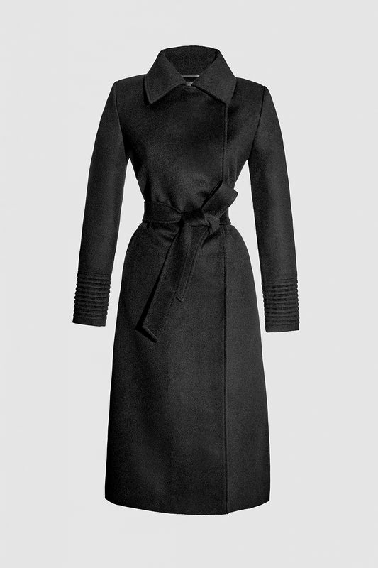 Sentaler Long Lapel Collar Wrap Black Coat in Baby Alpaca wool. Seen as off figure.