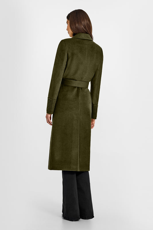 Sentaler Long Notched Collar Wrap Olive Green Coat in Baby Alpaca wool. Seen from back belted on female model.