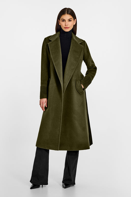 Sentaler Long Notched Collar Wrap Olive Green Coat in Baby Alpaca wool. Seen from front open on female model.