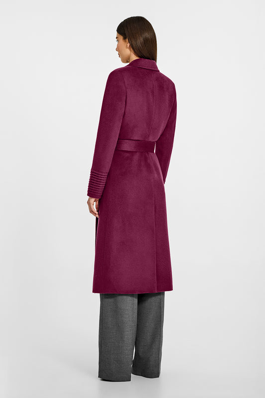 Sentaler Long Notched Collar Wrap Plum Berry Coat in Baby Alpaca wool. Seen from back belted on female model.