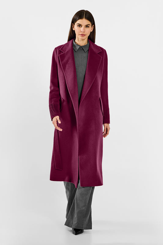 Sentaler Long Notched Collar Wrap Plum Berry Coat in Baby Alpaca wool. Seen from front open on female model.