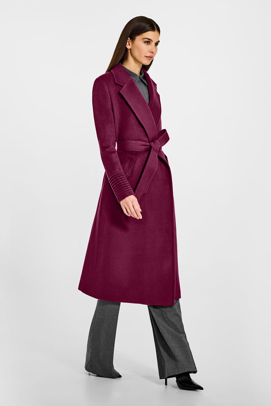 Sentaler Long Notched Collar Wrap Plum Berry Coat in Baby Alpaca wool. Seen from side belted on female model.