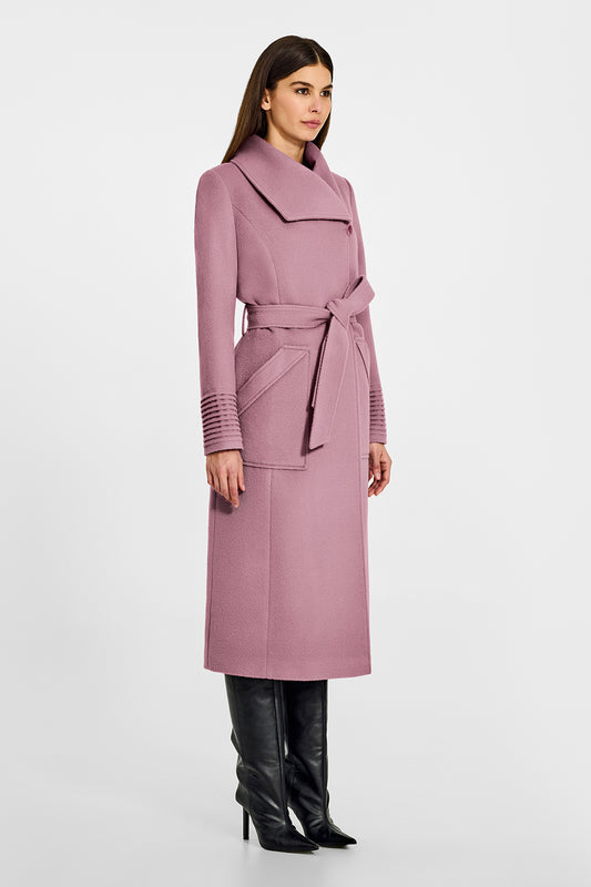Sentaler Long Wide Collar Wrap Peony Pink Coat in Baby Alpaca wool. Seen from side belted on female model.