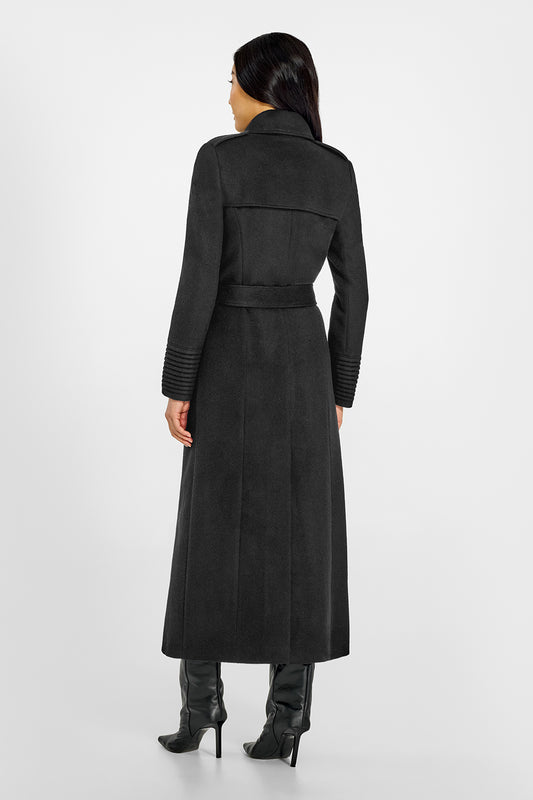 Sentaler Maxi Trench Black Coat in Baby Alpaca wool. Seen from back belted on female model.