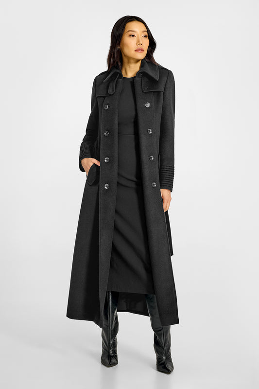 Sentaler Maxi Trench Black Coat in Baby Alpaca wool. Seen from front open on female model.