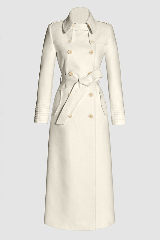 Sentaler Maxi Trench Ivory Coat in Baby Alpaca wool. Seen as belted off figure.