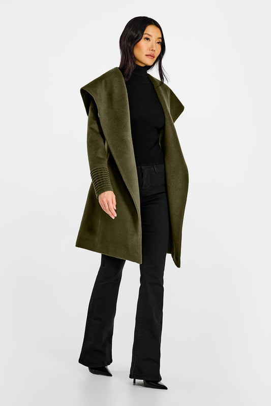 Sentaler Mid Length Hooded Wrap Olive Green Coat in Baby Alpaca wool. Seen from side open on female model.