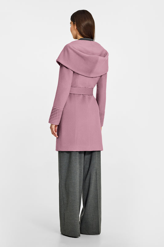 Sentaler Mid Length Hooded Wrap Peony Pink Coat in Baby Alpaca wool. Seen from back belted on female model.