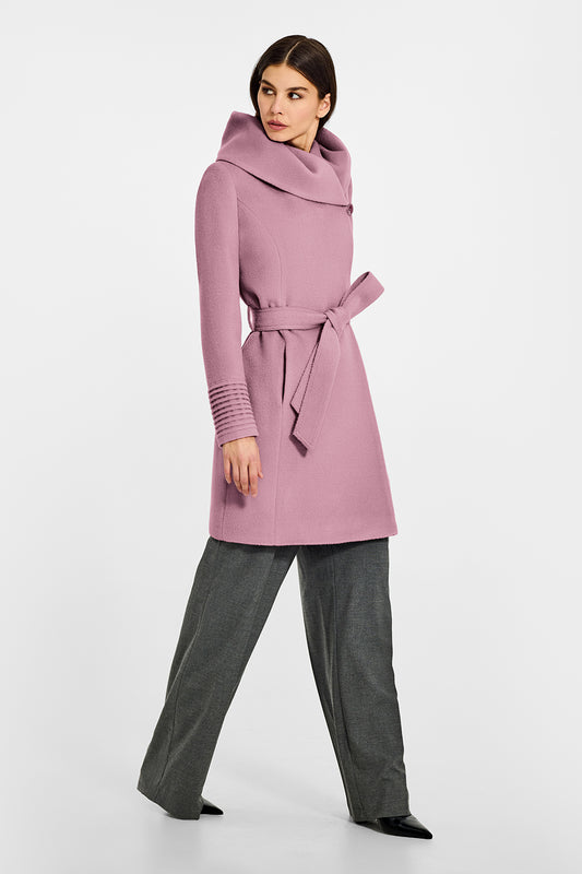 Sentaler Mid Length Hooded Wrap Peony Pink Coat in Baby Alpaca wool. Seen from side belted on female model.