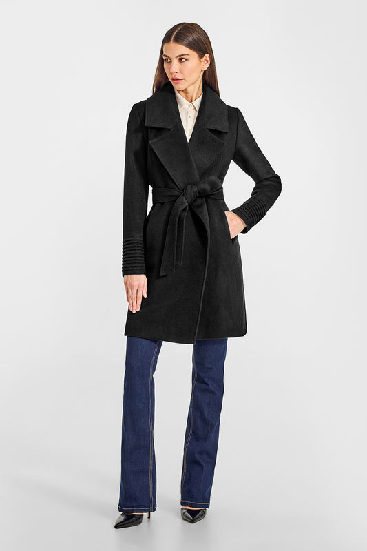 Sentaler Mid Length Large Notched Collar Wrap Black Coat in Baby Alpaca wool. Seen from front belted on female model.