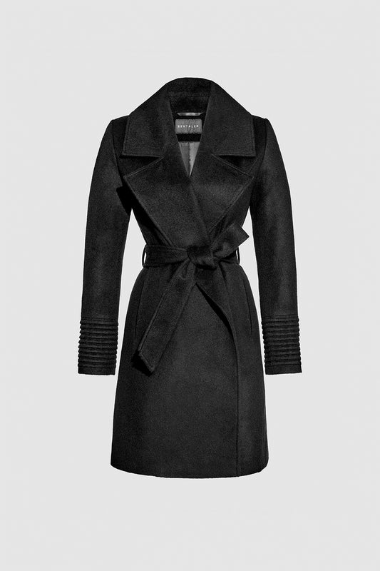 Sentaler Mid Length Large Notched Collar Wrap Black Coat in Baby Alpaca wool. Seen as belted off figure.