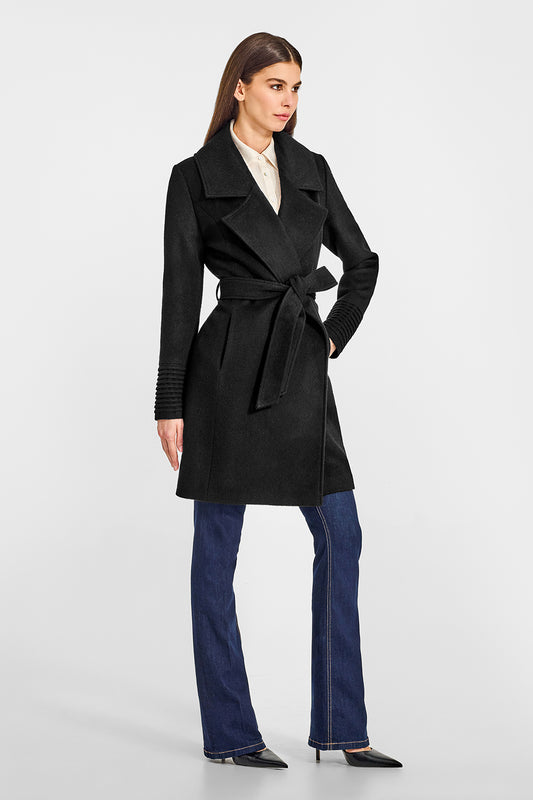 Sentaler Mid Length Large Notched Collar Wrap Black Coat in Baby Alpaca wool. Seen from side belted on female model.
