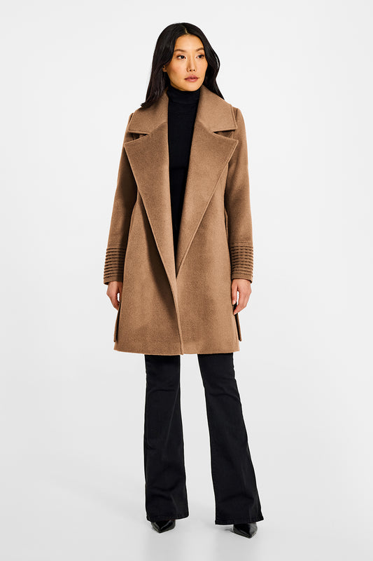 Sentaler Large Notched Collar Wrap Dark Camel Coat in Baby Alpaca wool. Seen from front open on female model.