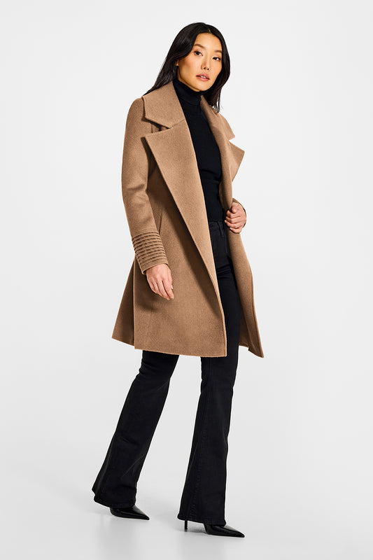 Sentaler Large Notched Collar Wrap Dark Camel Coat in Baby Alpaca wool. Seen from side open on female model.