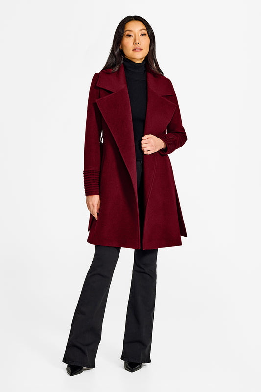 Sentaler Large Notched Collar Wrap Garnet Red Coat in Baby Alpaca wool. Seen from front open on female model.