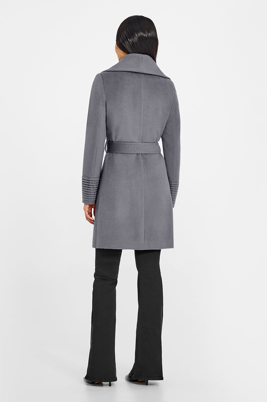 Sentaler Mid Length Shawl Collar Wrap Graphite Coat in Baby Alpaca wool. Seen from back belted on female model.
