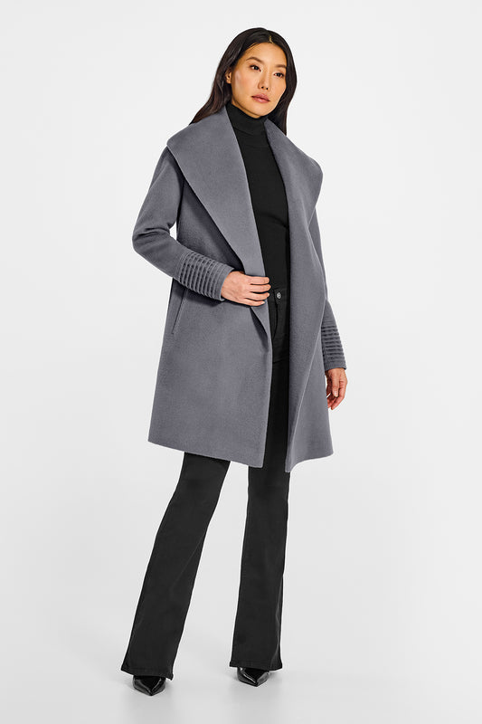 Sentaler Mid Length Shawl Collar Wrap Graphite Coat in Baby Alpaca wool. Seen from side open on female model.
