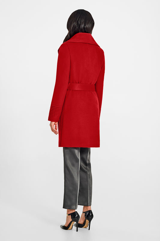 Sentaler Mid Length Shawl Collar Wrap Scarlet Red Coat in Baby Alpaca wool. Seen from back belted on female model.