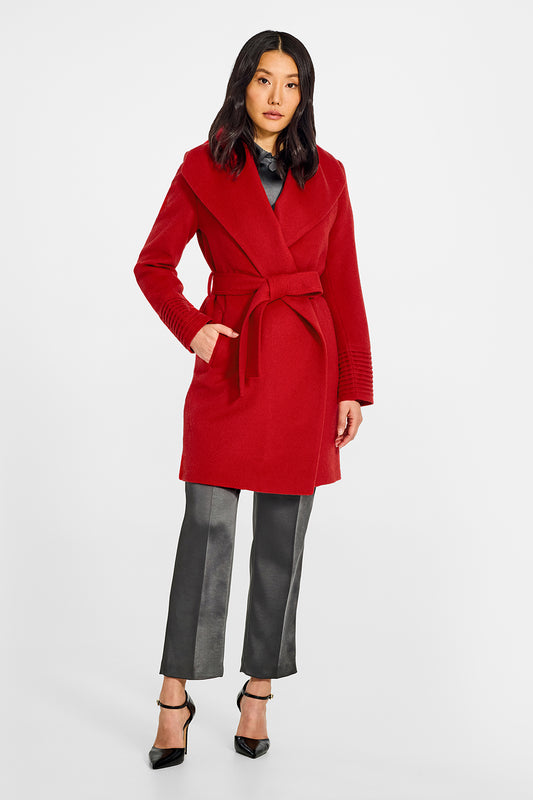 Sentaler Mid Length Shawl Collar Wrap Scarlet Red Coat in Baby Alpaca wool. Seen from front belted on female model.