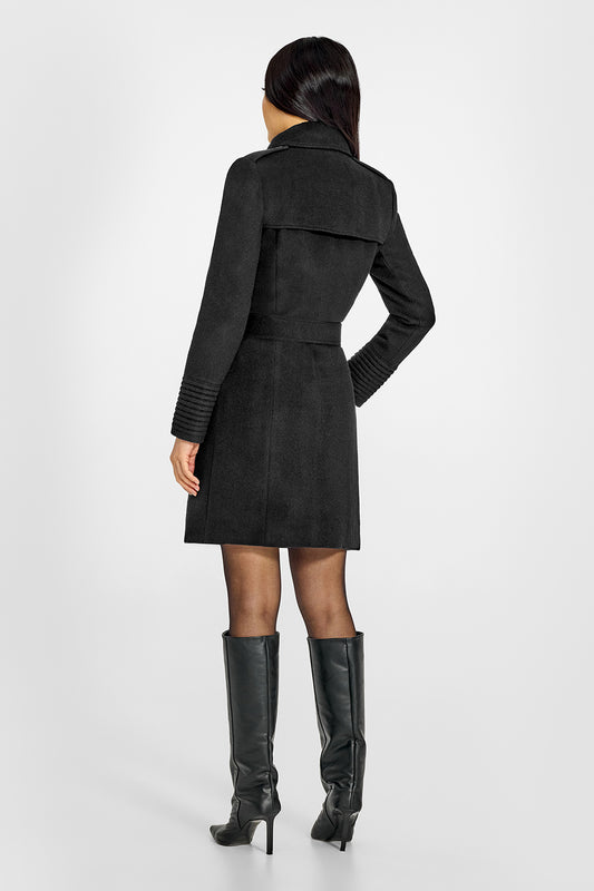 Sentaler Mid Length Trench Black Coat in Baby Alpaca wool. Seen from back belted on female model.