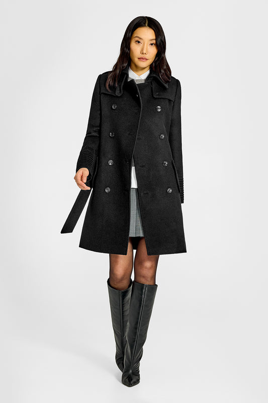 Sentaler Mid Length Trench Black Coat in Baby Alpaca wool. Seen from front open on female model.