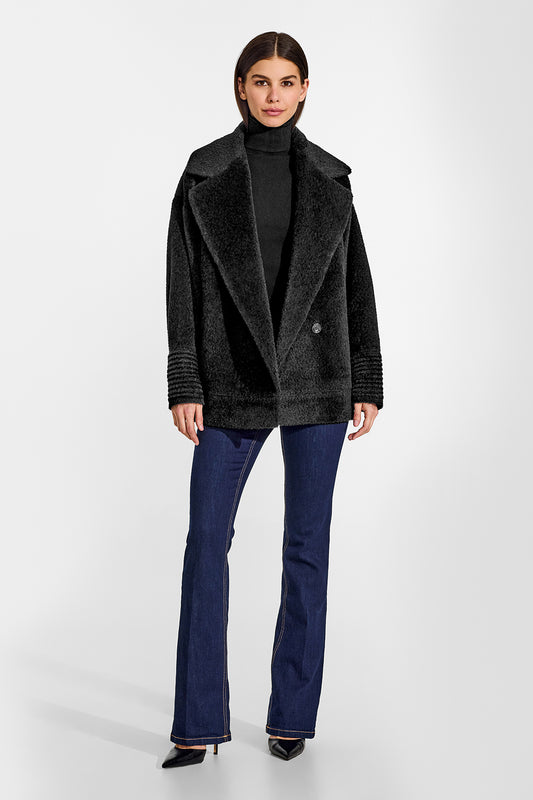 Sentaler Bouclé Alpaca Aviator Black Jacket in Bouclé Alpaca wool. Seen from front open on female model.