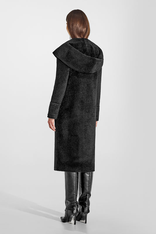 Sentaler Bouclé Alpaca Long Hooded Black Coat in Bouclé Alpaca wool. Seen from back on female model.