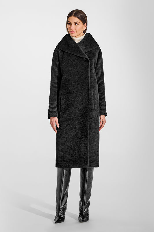 Sentaler Bouclé Alpaca Long Hooded Black Coat in Bouclé Alpaca wool. Seen from front on female model.