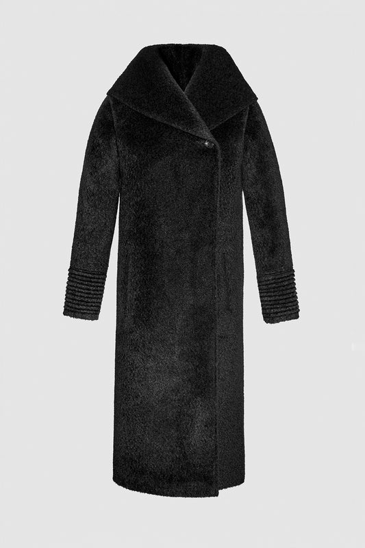 Sentaler Bouclé Alpaca Long Hooded Black Coat in Bouclé Alpaca wool. Seen as off figure.