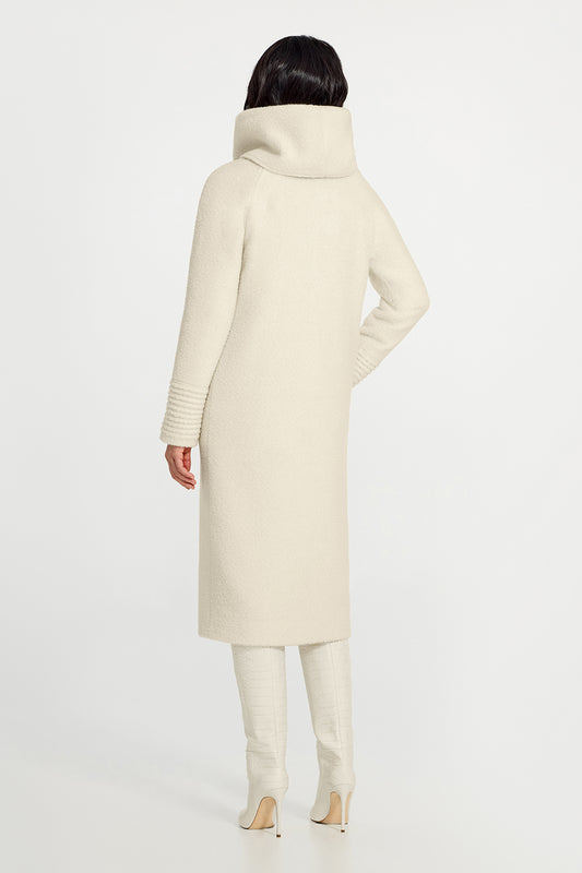 Sentaler Bouclé Alpaca Long Hooded Ivory Coat in Bouclé Alpaca wool. Seen from back on female model.