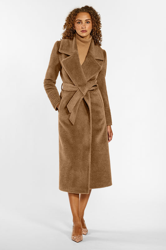 Sentaler Bouclé Alpaca Long Notched Collar Wrap Coat crafted in Bouclé Alpaca wool and in Dark Camel. Seen from front belted on female model.
