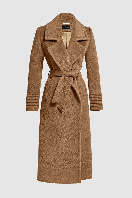 Sentaler Bouclé Alpaca Long Notched Collar Wrap Coat featured in Bouclé Alpaca and available in Dark Camel. Seen as belted off figure.