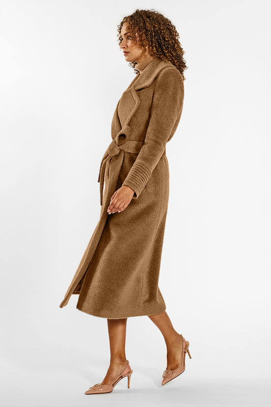 Sentaler Bouclé Alpaca Long Notched Collar Wrap Coat crafted in Bouclé Alpaca wool and in Dark Camel. Seen from side belted on female model.