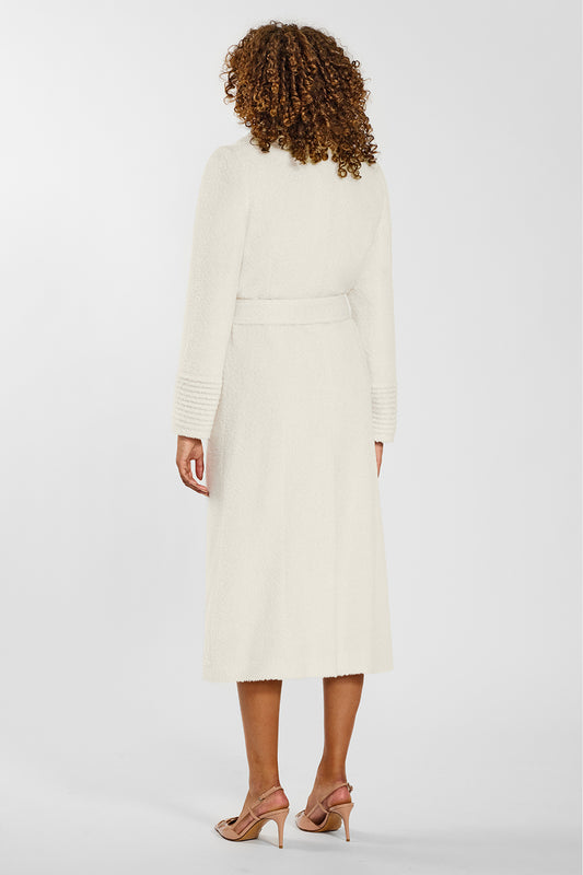 Sentaler Bouclé Alpaca Long Notched Collar Wrap Coat crafted in Bouclé Alpaca wool and in Ivory. Seen from back belted on female model.