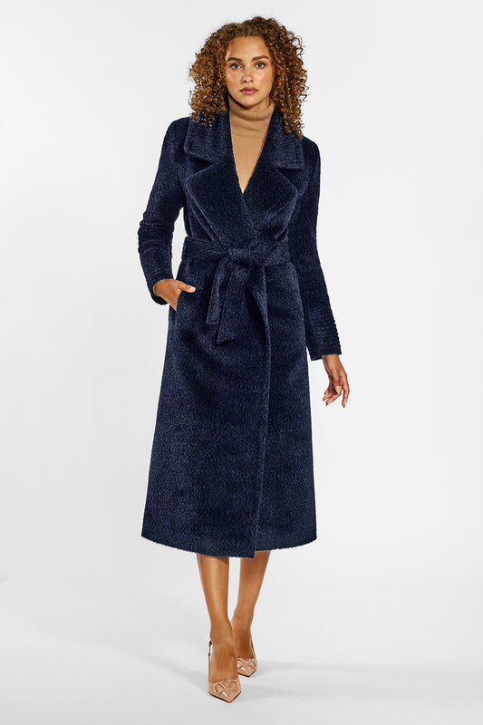 Sentaler Bouclé Alpaca Long Notched Collar Wrap Coat crafted in Bouclé Alpaca wool and in Midnight Blue. Seen from front belted on female model.