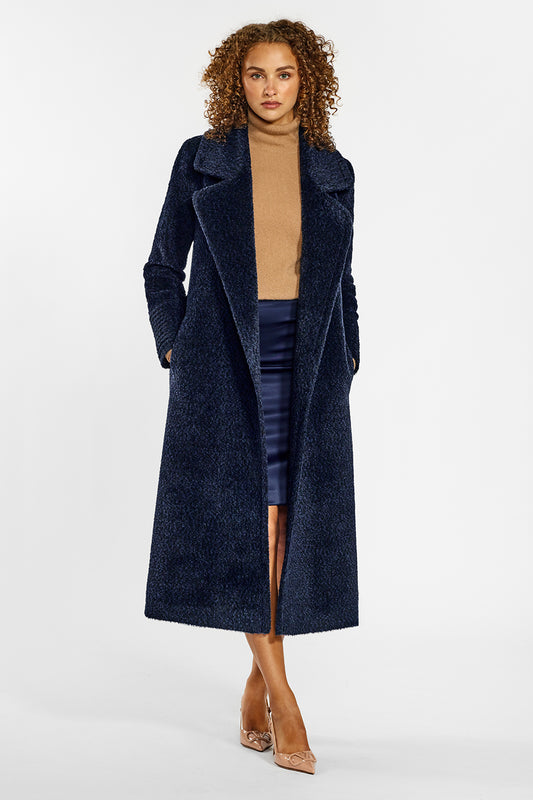 Sentaler Bouclé Alpaca Long Notched Collar Wrap Coat crafted in Bouclé Alpaca wool and in Midnight Blue. Seen from front open on female model.