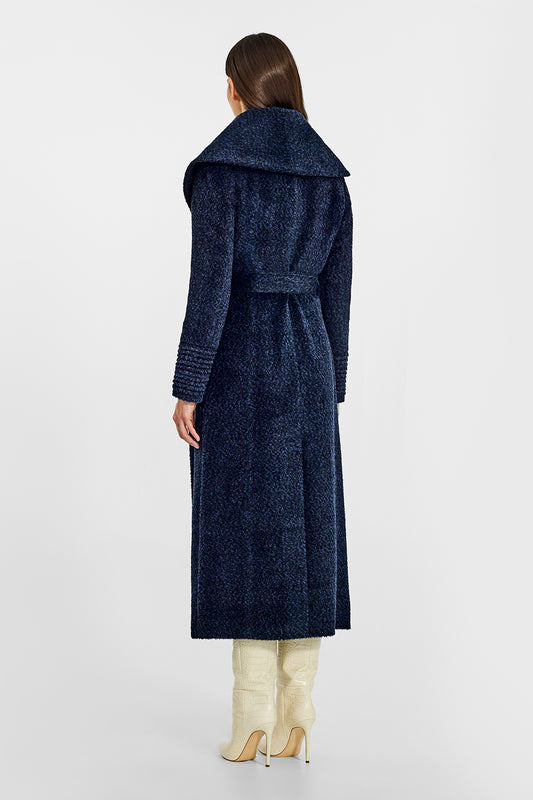 Sentaler Alpaca Maxi Shawl Collar Wrap Midnight Blue Coat in Bouclé Alpaca wool. Seen from back on female model.