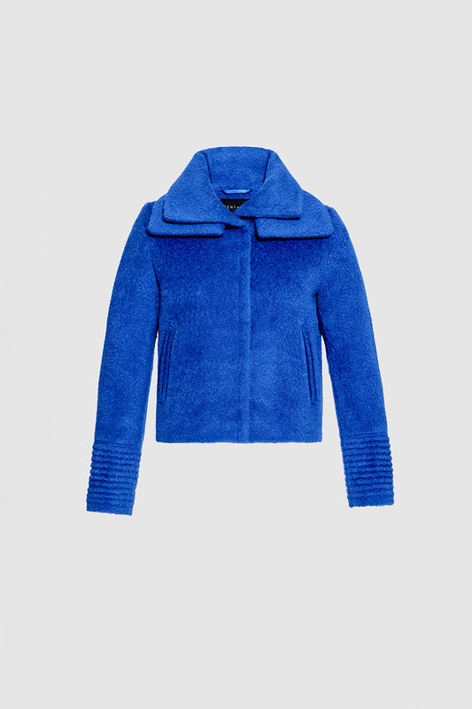 Sentaler Bouclé Alpaca Moto Jacket with Signature Double Collar featured in Bouclé Alpaca and available in Cobalt Blue. Seen as off figure.