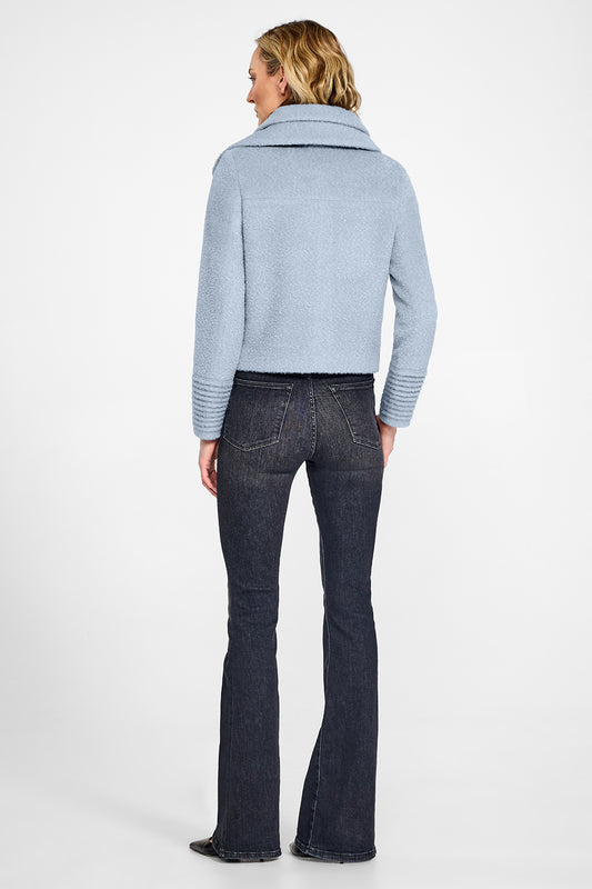 Sentaler Bouclé Alpaca Double Collar Moto Powder Blue Jacket in Bouclé Alpaca wool. Seen from back on female model.