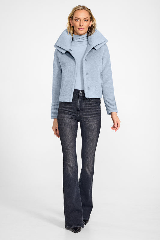 Sentaler Bouclé Alpaca Double Collar Moto Powder Blue Jacket in Bouclé Alpaca wool. Seen from front open on female model.