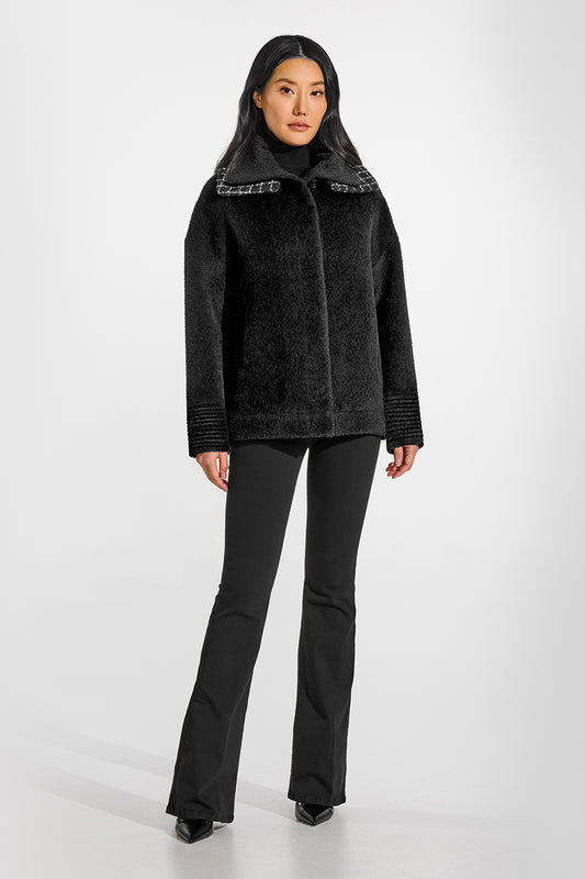 Sentaler Bouclé Alpaca Double Collar Black Bomber in Bouclé Alpaca wool. Seen from front on female model.